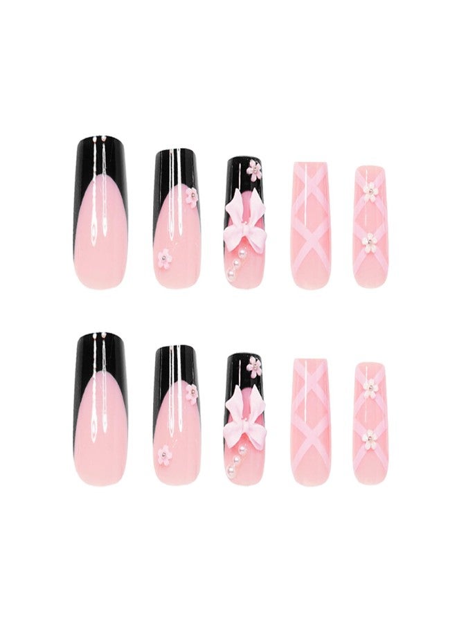SEMATA Black Pink French Tip Press on Nails Medium Long Square Acrylic Fake Nails Press Ons with Glue 24Pcs Flower Pearls Cute Stick on Nail for Women 3D Bow Artificial Glue on False Nail 12 Sizes - Image 5